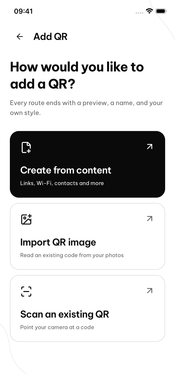 QRDex Add QR screen with image import, camera scan and manual creation options.