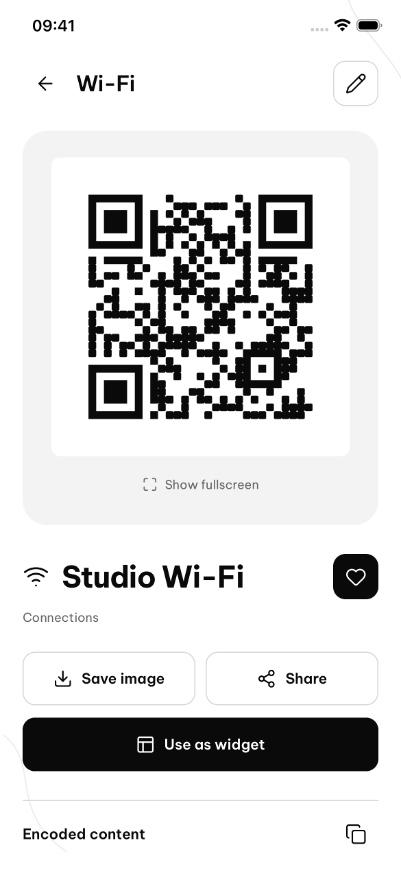 A saved Studio Wi-Fi QR in QRDex with fullscreen, image export, sharing and widget actions.